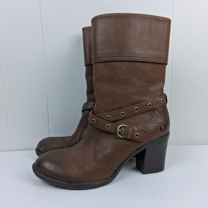 Born Gilary Leather Heeled Boots Mid-Calf Canoe Brown Size 9